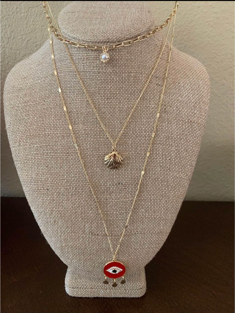 Gold Layered Necklace Set with Red Evil Eye Pendant by